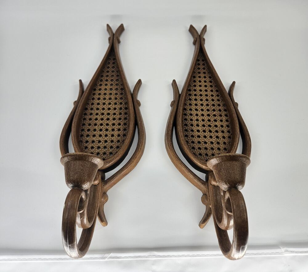 Vintage HOMCO 4248 Wall Candle Sconces Pair Faux Wood Cane Wicker MCM USA